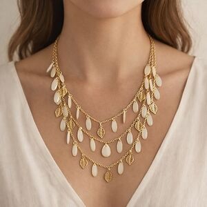 Layered Gold Tone Statement Necklace White Teardrop Leaf Charm Boho Multi Strand